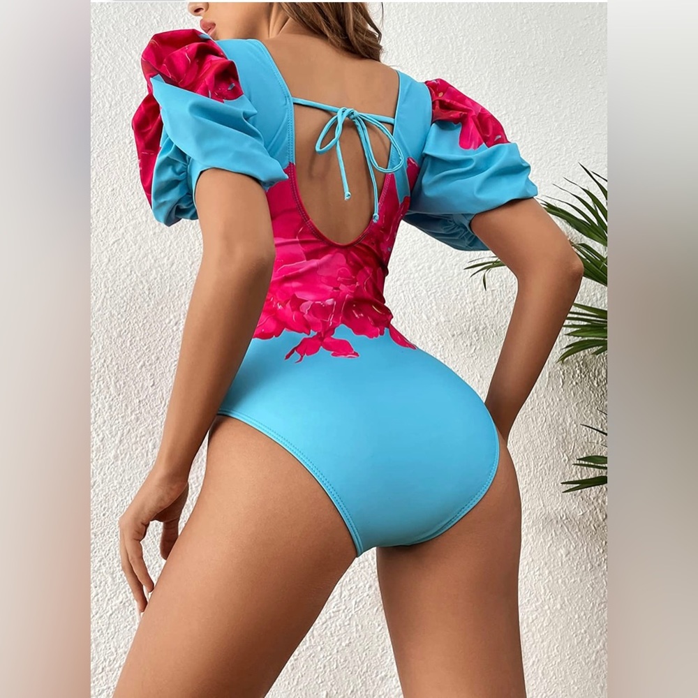 Women One Piece Swimsuit Bubble Sleeves Bathing Suit Tropical Monokini - Picture 5 of 8